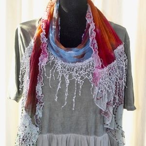 Gently Used Very Pretty And Fun Patchwork Scarf,  Great Fringe a Ruffle Detail